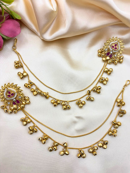 Women Gold-Plated Kundan Studded Earrings with Hair Chain