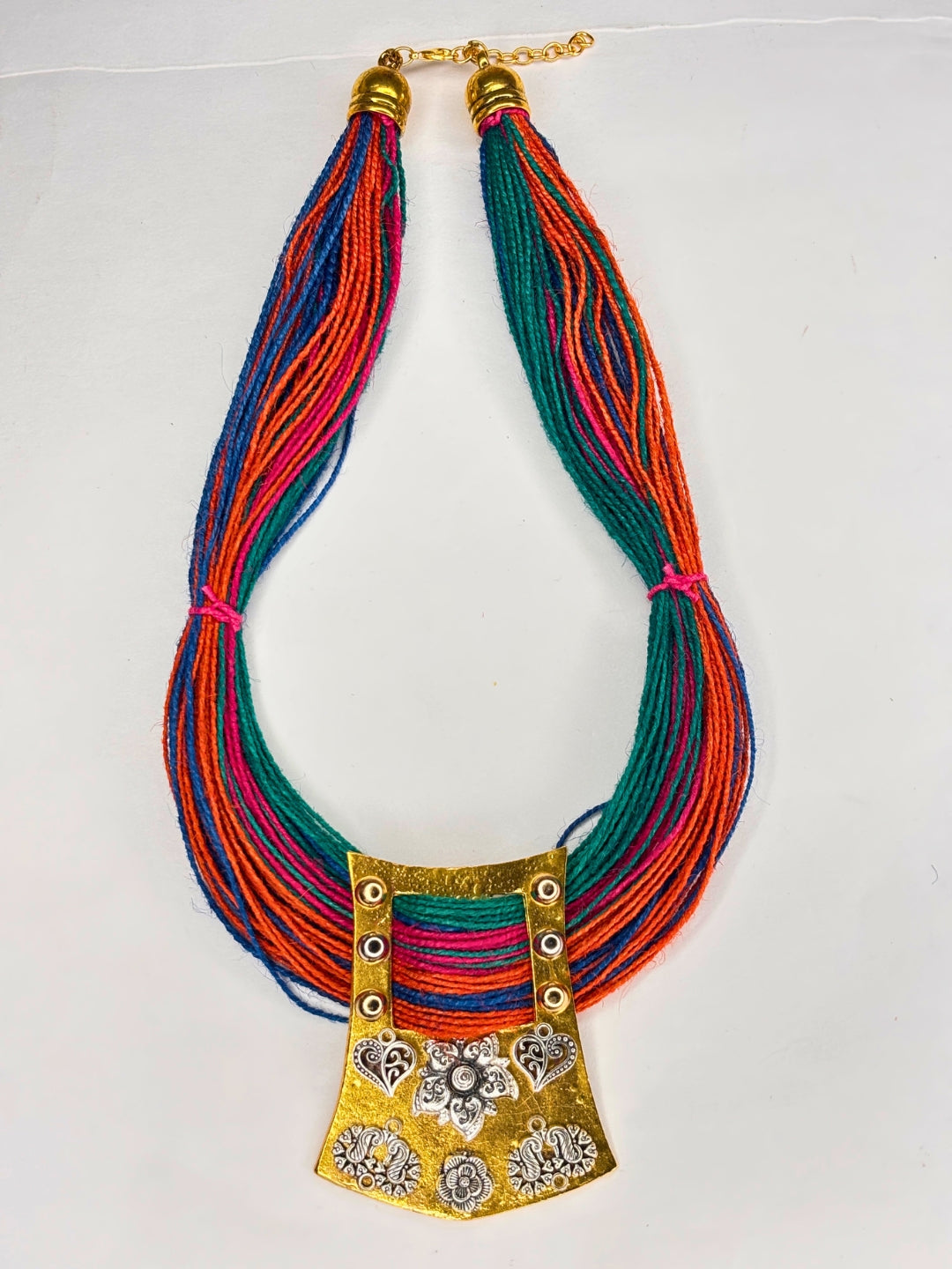 Gold-Plated Oxidised Statement Multi Thread Jute Necklace
