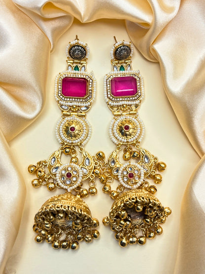 Gold-Toned Kundan & Pink Stone Embellished Pearl Jhumka Drop Earrings