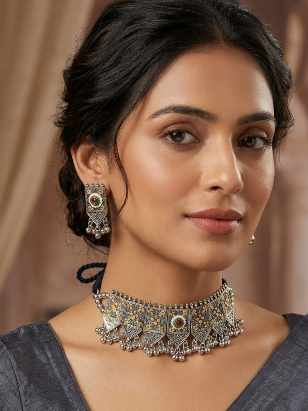 Oxidised Silver-Plated Dual-Tone Floral Statement Choker Necklace Jewellery Set