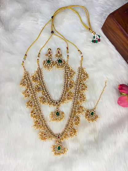 Gold-Plated Kundan & Emerald Green Traditional Bridal Guttapusalu Jewellery Set