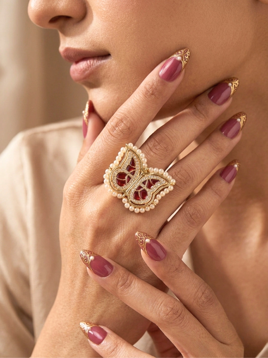 Gold-Plated AD stones Studded & Butterfly shaped Adjustable Statement Finger Ring