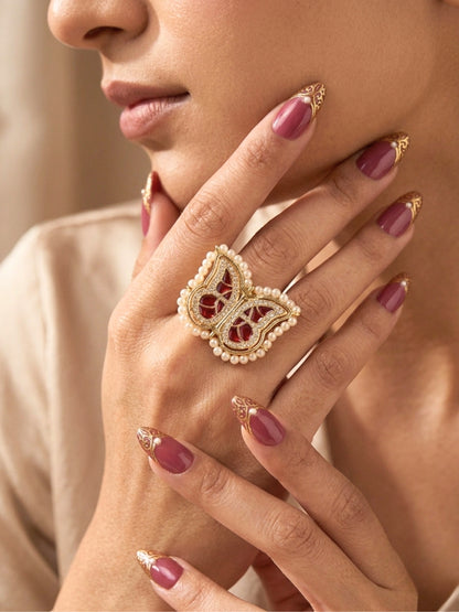 Gold-Plated AD stones Studded & Butterfly shaped Adjustable Statement Finger Ring