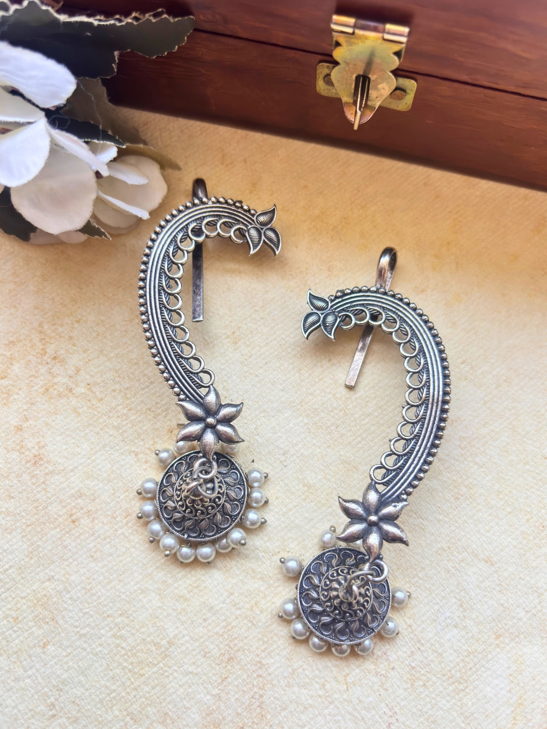 Oxidised Silver-Plated Floral Ear Cuff Jhumka Earrings