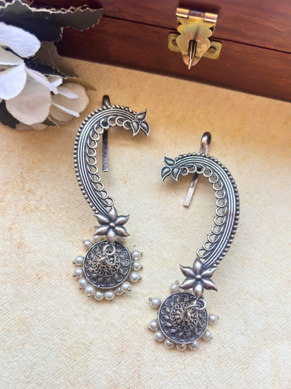 Oxidised Silver-Plated Floral Ear Cuff Jhumka Earrings