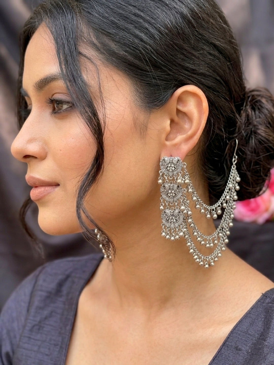 VIVAZS Oxidised 3 Layered EarChain Drop Earrings