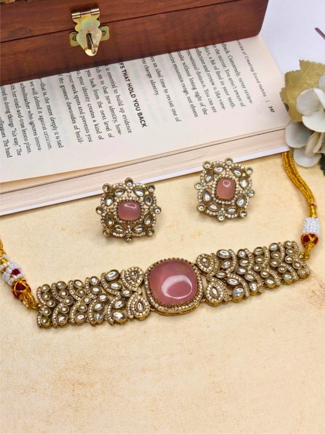 VIVAZS pink Kundan-Studded Cubic Zirconia Golden Necklace Set