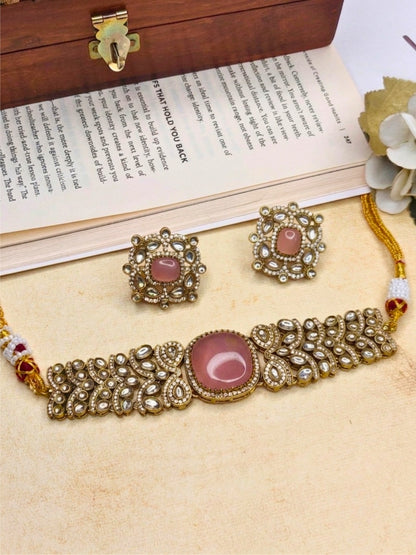 VIVAZS pink Kundan-Studded Cubic Zirconia Golden Necklace Set