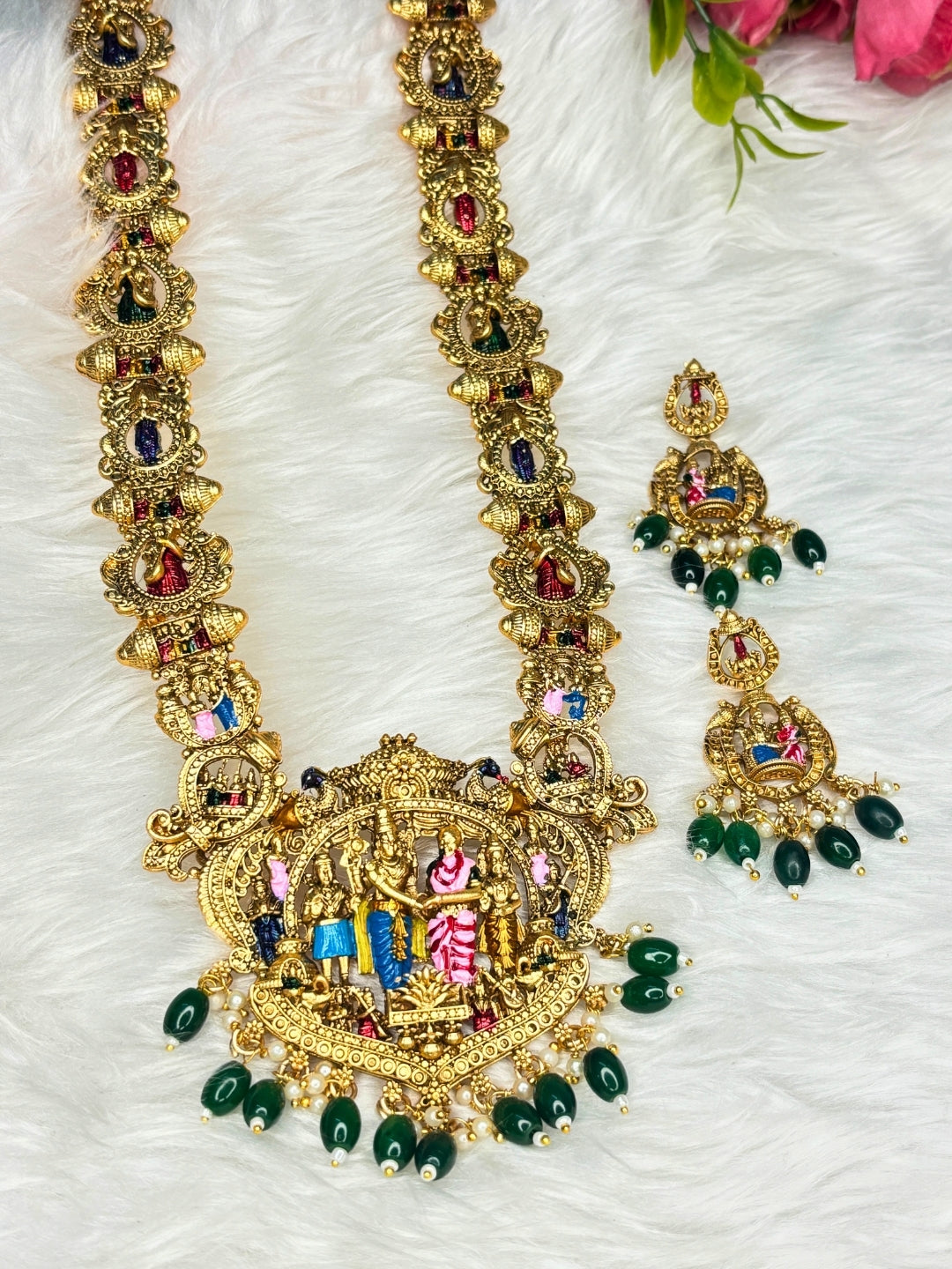 Gold-Plated Traditional Srinivasa Kalyana Bridal Long Haram With Earring Temple Jewellery Set