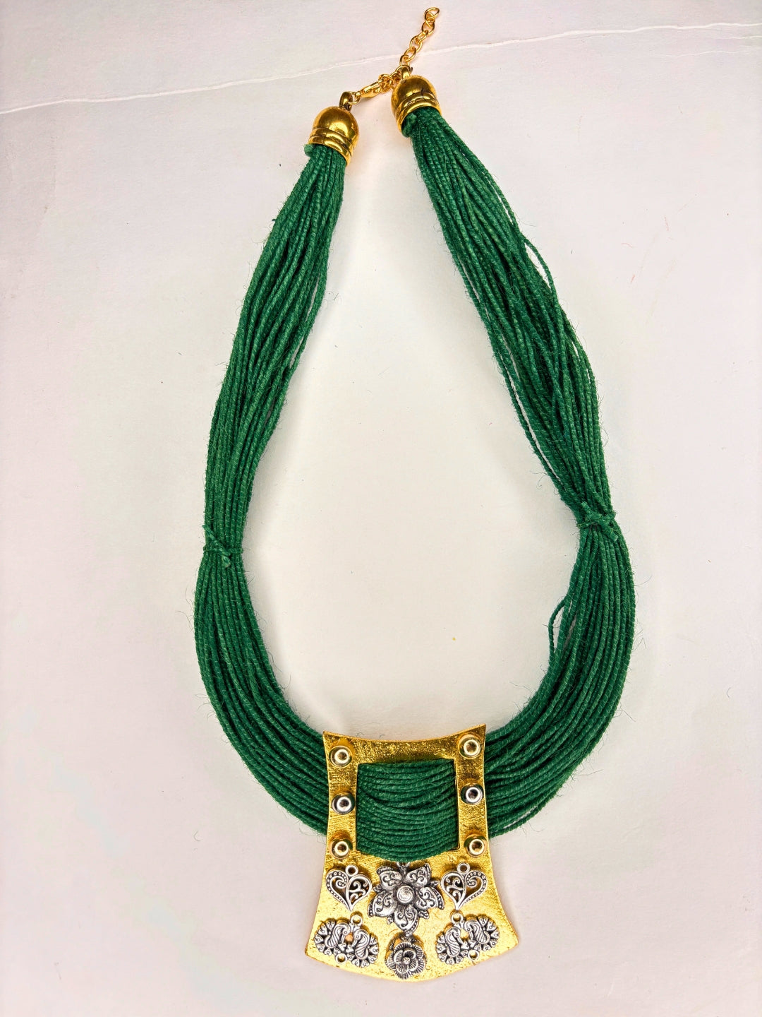 Gold-Plated Oxidised Statement Green Thread Jute Necklace