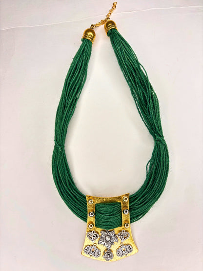 Gold-Plated Oxidised Statement Green Thread Jute Necklace