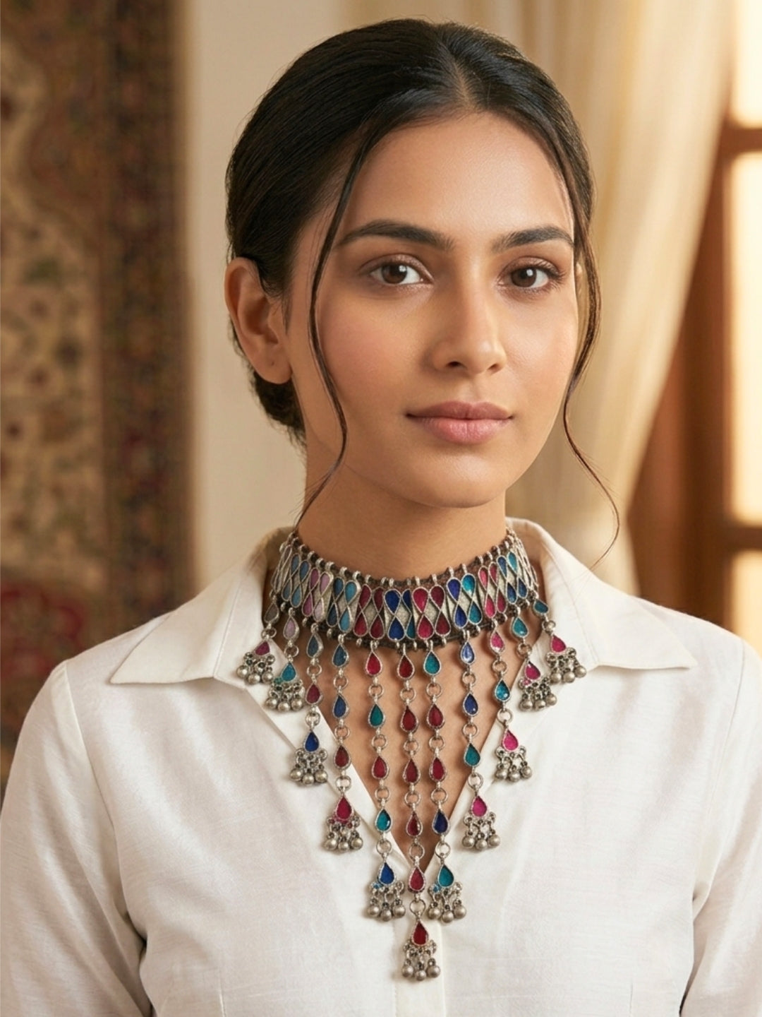 Oxidised Silver Multi-Colour Stone Choker Necklace