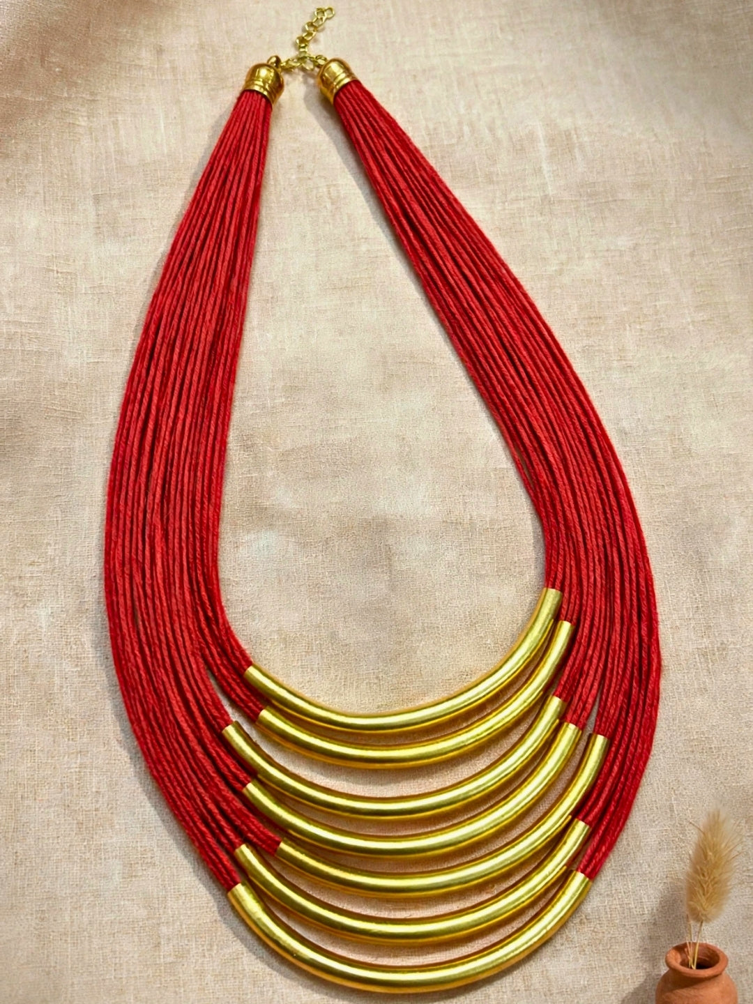 Gold-Plated Oxidised Statement Red Thread Layered Jute Necklace