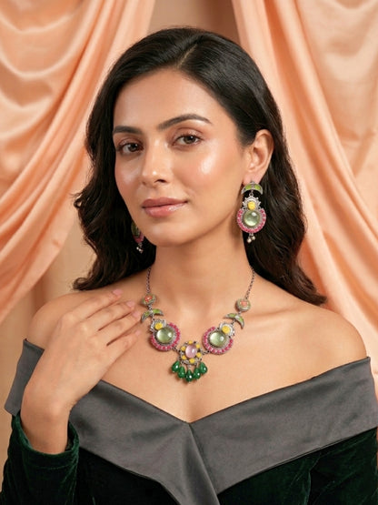 Women Oxidised Silver-Plated Multicolor Stone Statement Necklace & Earrings Set