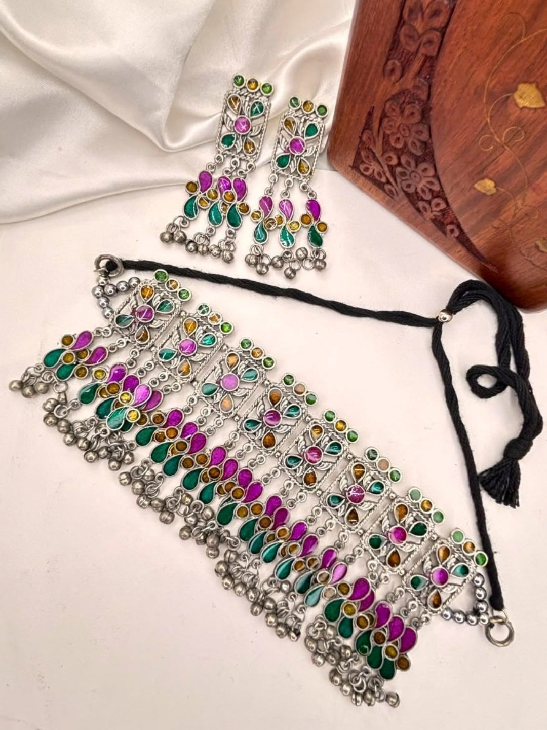 Silver-Plated Oxidised Meenakari Statement Necklace Set(Rani Pink and Green)