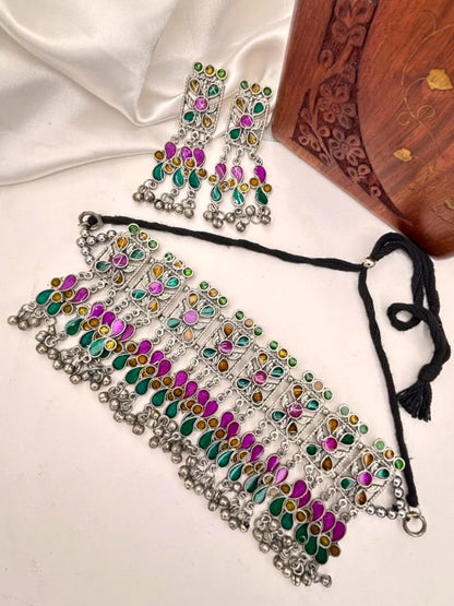 Silver-Plated Oxidised Meenakari Statement Necklace Set(Rani Pink and Green)