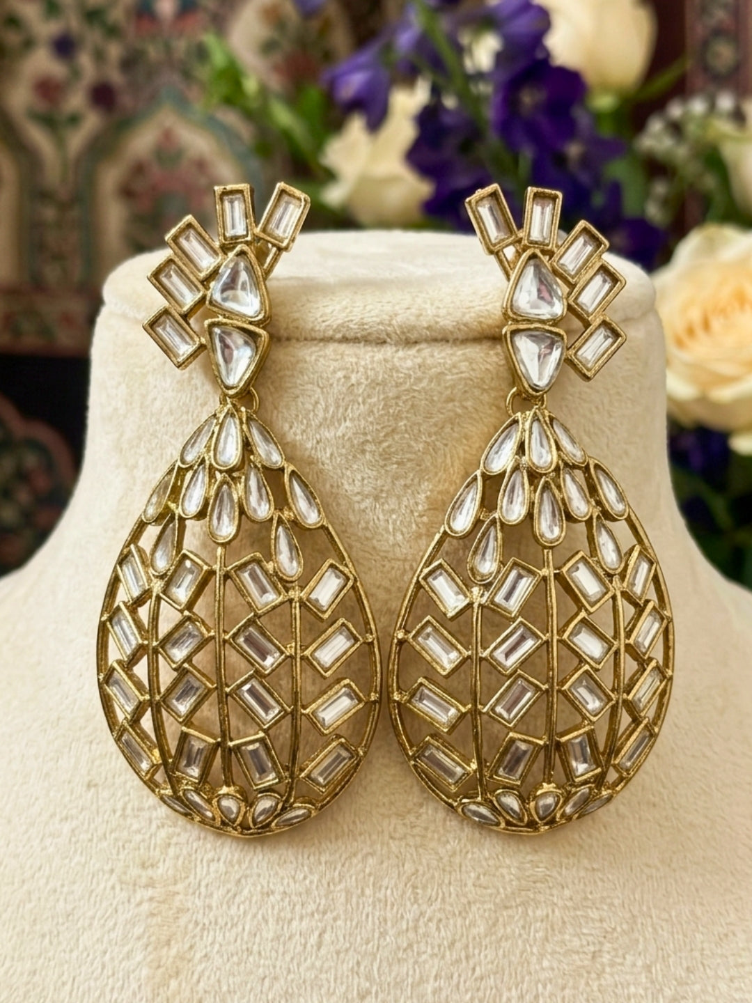 Gold-Plated Crystal Geometric Kundan-Style  Handcrafted Drop Chandbalis Earrings
