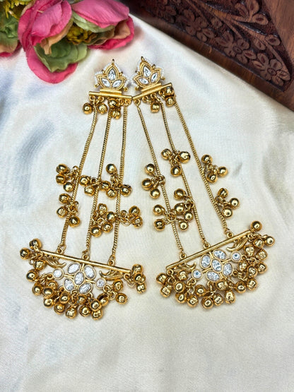 Gold-Plated White Stone Ghungroo Chain Dangler Statement Earrings