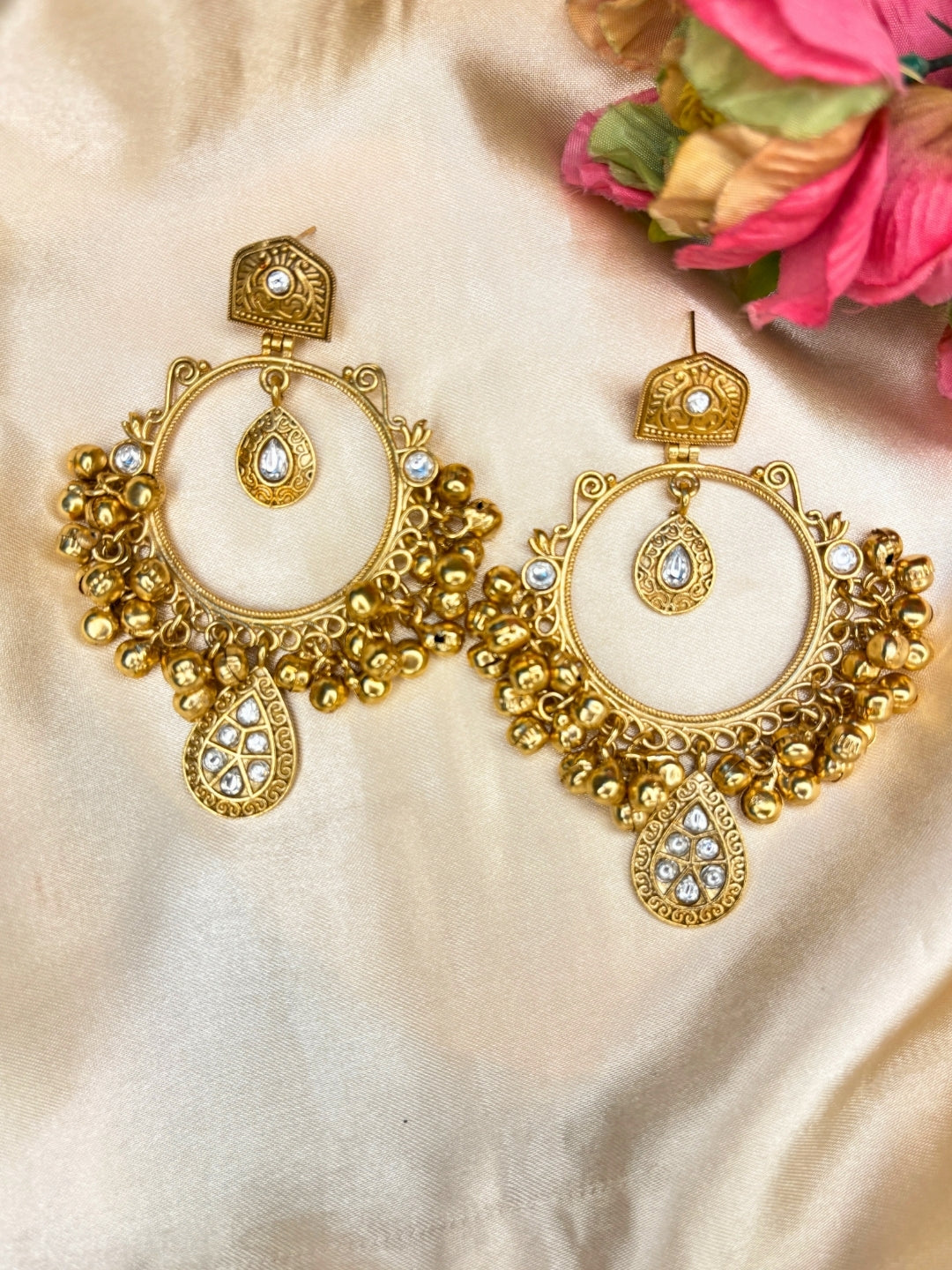Gold-Plated White Kundan Ghungroo Statement Earrings