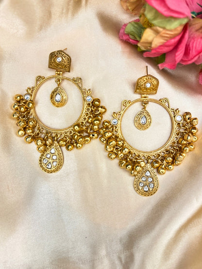 Gold-Plated White Kundan Ghungroo Statement Earrings