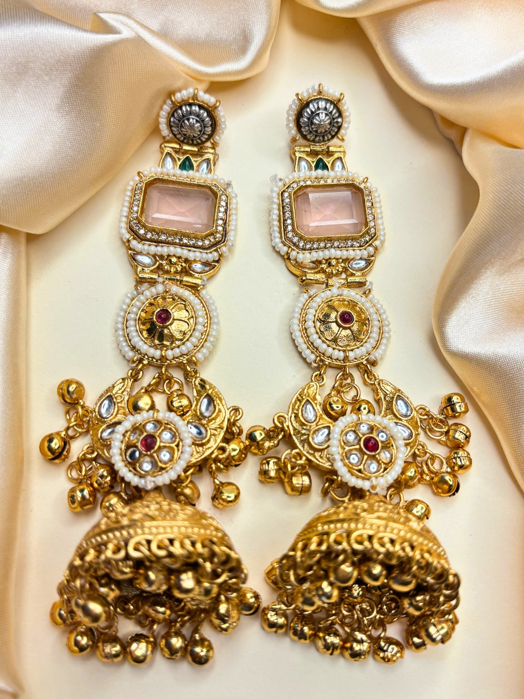 Gold-Toned Kundan & Pink Stone Embellished Pearl Jhumka Drop Earrings