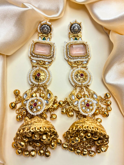 Gold-Toned Kundan & Pink Stone Embellished Pearl Jhumka Drop Earrings