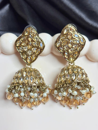 Gold-Plated Crystal Bead  Kundan-Style Jhumka Earrings