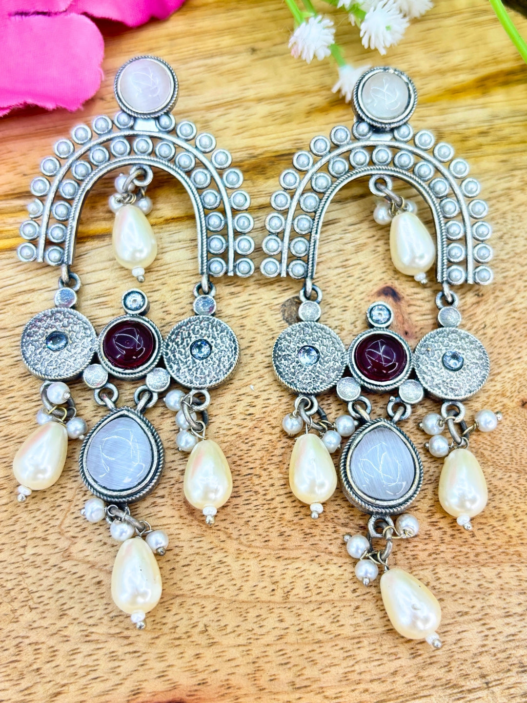 Maroon & White Stone Pearl Embellished Oxidised Chandbali Statement Earrings