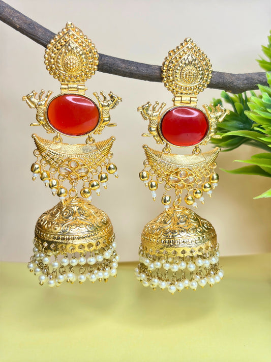 VIVAZS Gold-Plated Stones Studded & Beaded Dome-Shaped Jhumkas