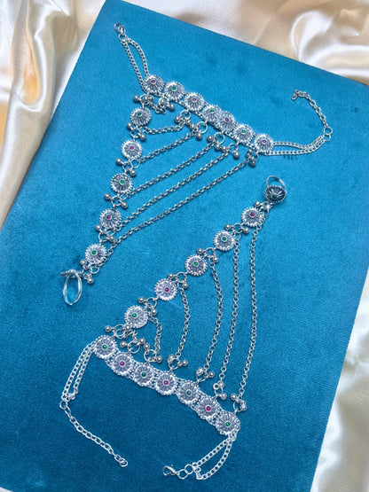 Women Oxidised Silver-Plated Pink Kundan Stone-Studded Layered Chain Anklet with Toe Ring