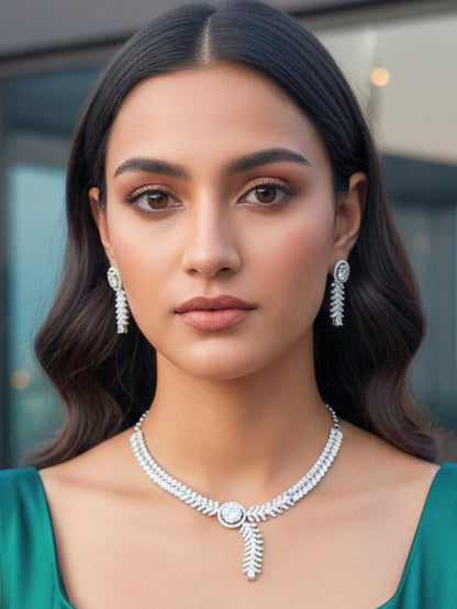 Silver Plated Ad & Cubic Zirconia Studded Premium Necklace Jewellery Set