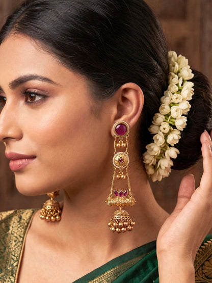 Gold-Plated Red Kundan Stone Studded Long Chain Kashmiri Jhumka Earrings