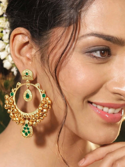 Gold-Plated Green Kundan Ghungroo Statement Earrings
