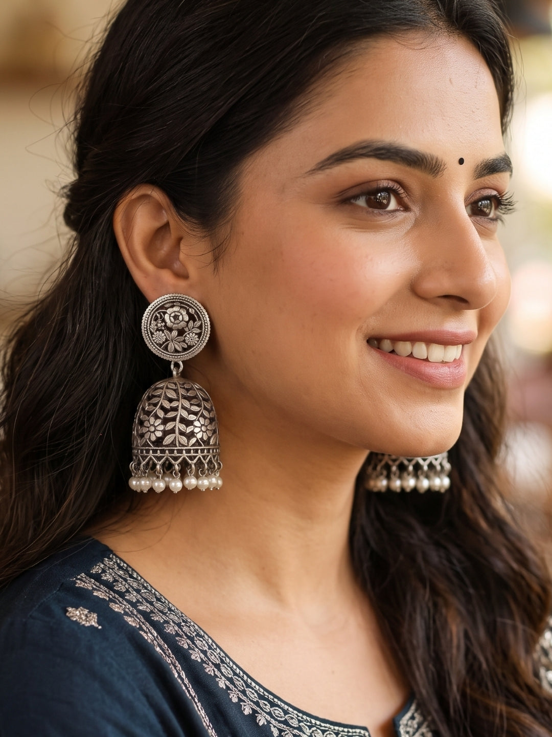 Oxidised Silver-Plated Floral Leaf Design Pearl Drop Dome Jhumka Earrings
