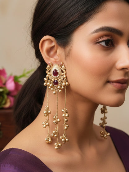 Gold-Plated Kundan & Ghungaroo Beaded Kashmiri Drop Earrings