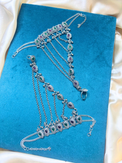 Women Oxidised Silver-Plated Pink Kundan Stone-Studded Layered Anklet with Toe Ring