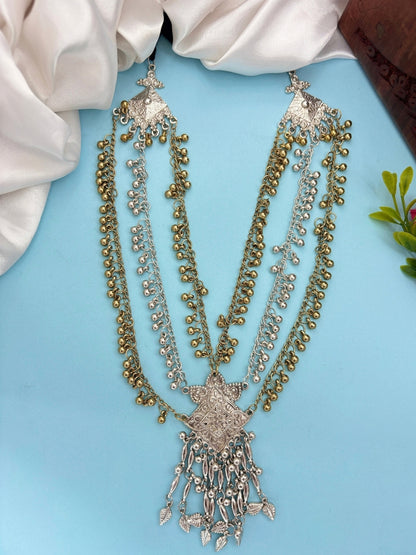 Dual-Tone Silver-Plated Oxidised Long Layered Necklace