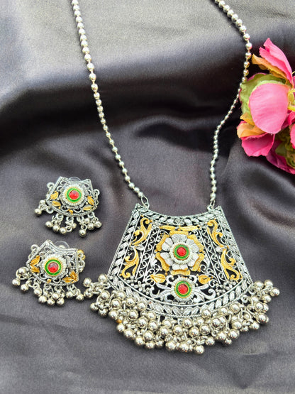 Women Oxidised Silver-Plated Floral Pendant Necklace set