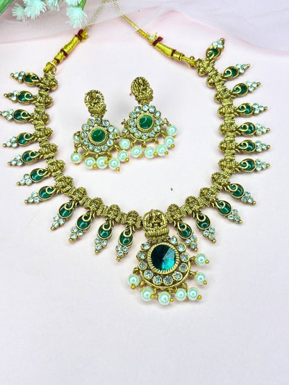 Gold-Plated Green Stone and kundan Studded Lakshmi Temple Necklace Jewellery Set