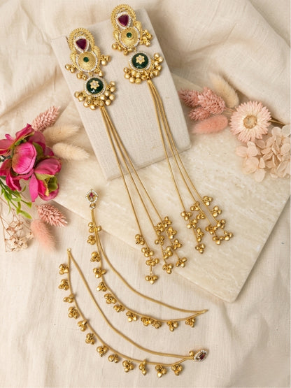 Set Of 2 Gold-Plated Peacock Shaped Kundan & Ghungaroo Studded Kashmiri Drop Earrings