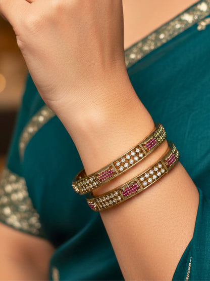 Set of 2, Pink & White 22K Gold-Plated AD Stones Handcrafted Bangles