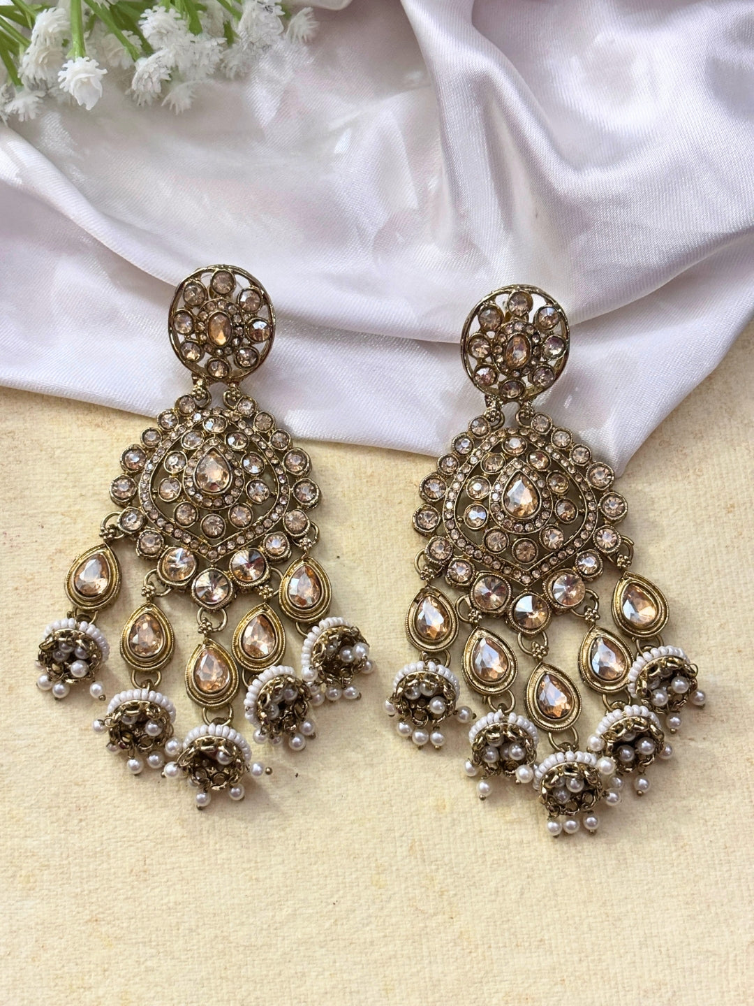 Gold-Plated Kundan, Zirconia & White Pearl Beaded Long Chandbali Earrings