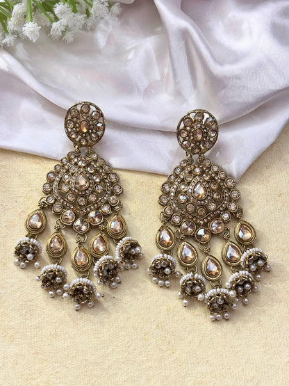 Gold-Plated Kundan, Zirconia & White Pearl Beaded Long Chandbali Earrings