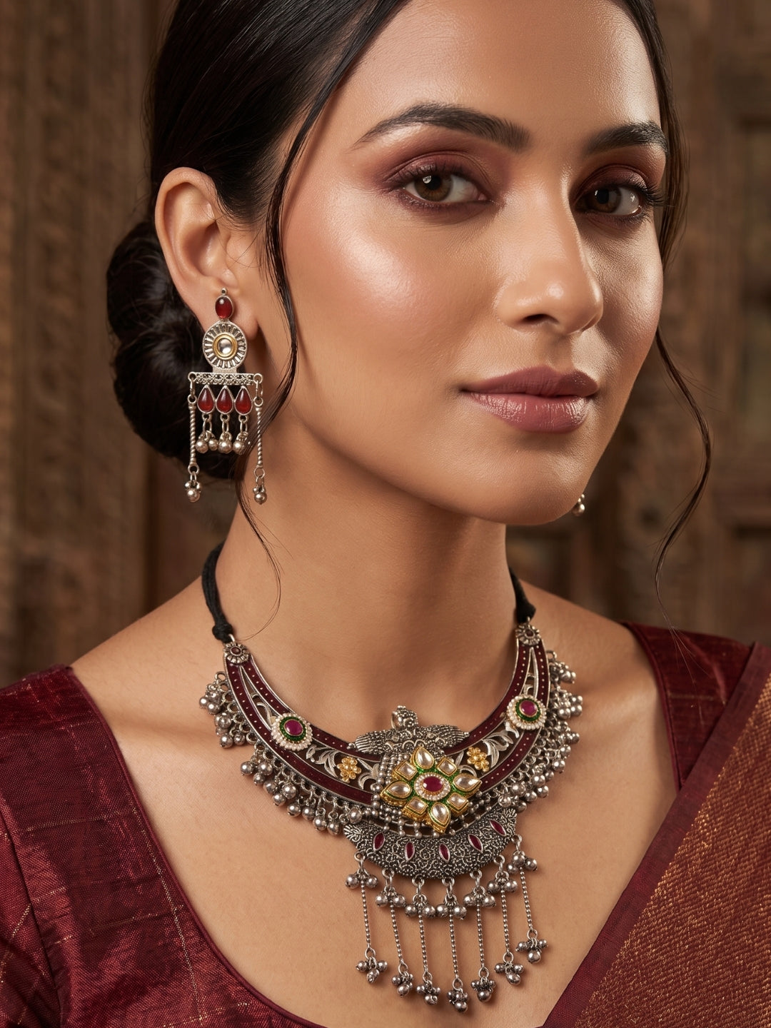 Silver-Plated Oxidised Red Stone-Studded Statement Necklace Set