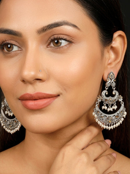 Oxidised Silver-Plated Floral & Pearl Embellished Statement Chandbali Earrings