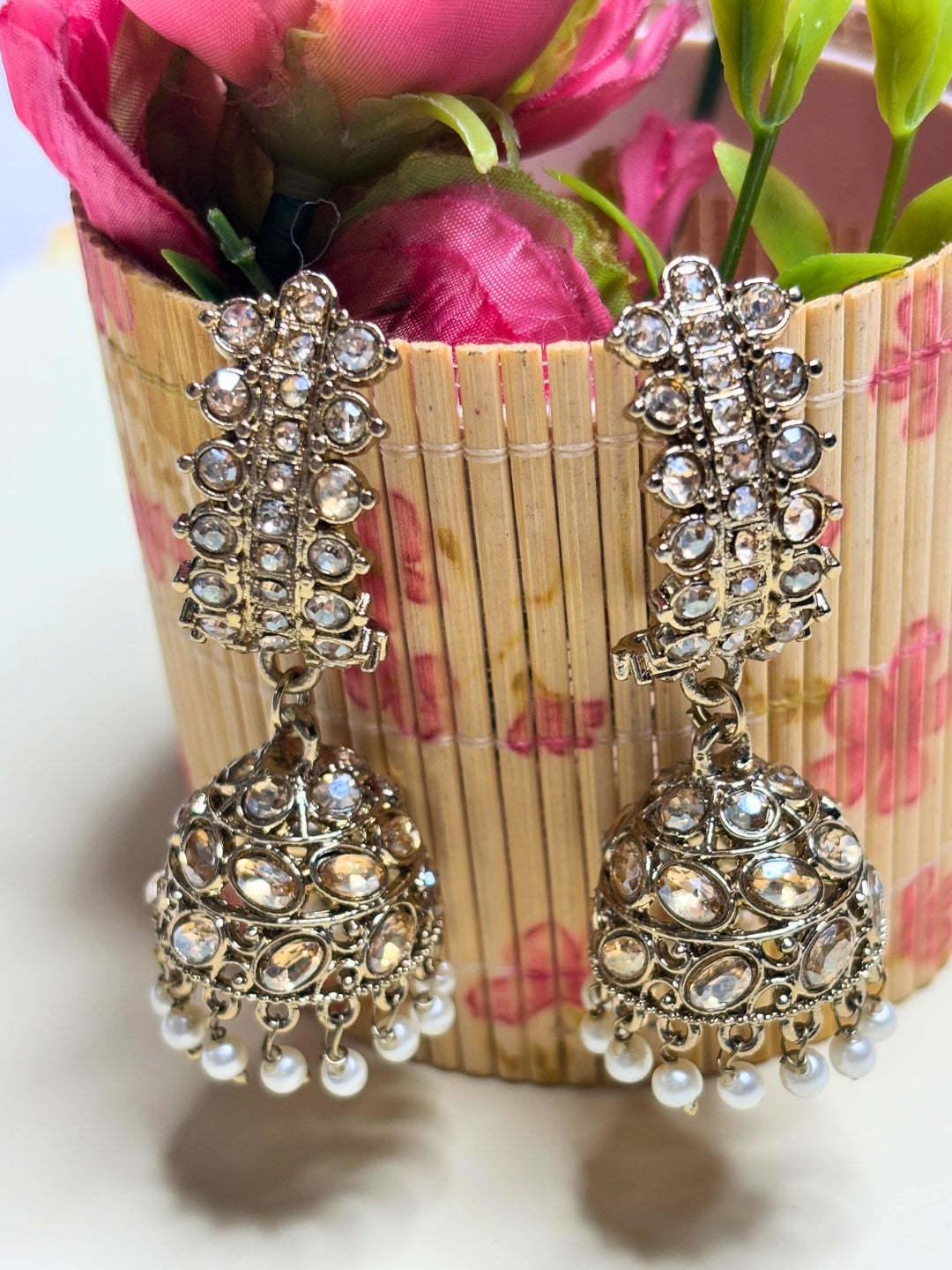 Gold-Plated  Kundan & Pearl Studded Layered  Jhumka Earrings
