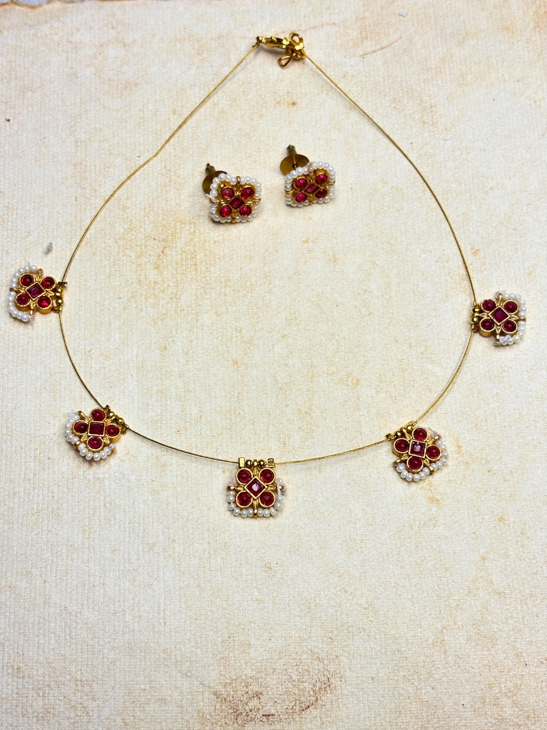 Gold-Plated Pink Stone & Pearl Embellished Minimal Choker Necklace Jewellery Set
