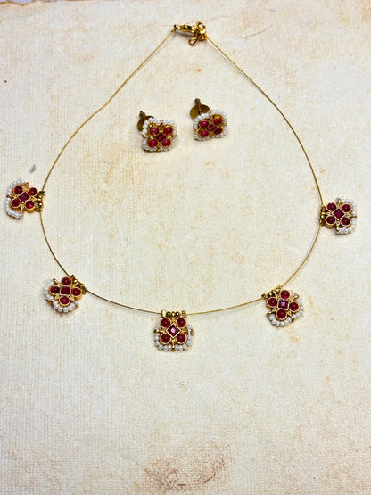 Gold-Plated Pink Stone & Pearl Embellished Minimal Choker Necklace Jewellery Set