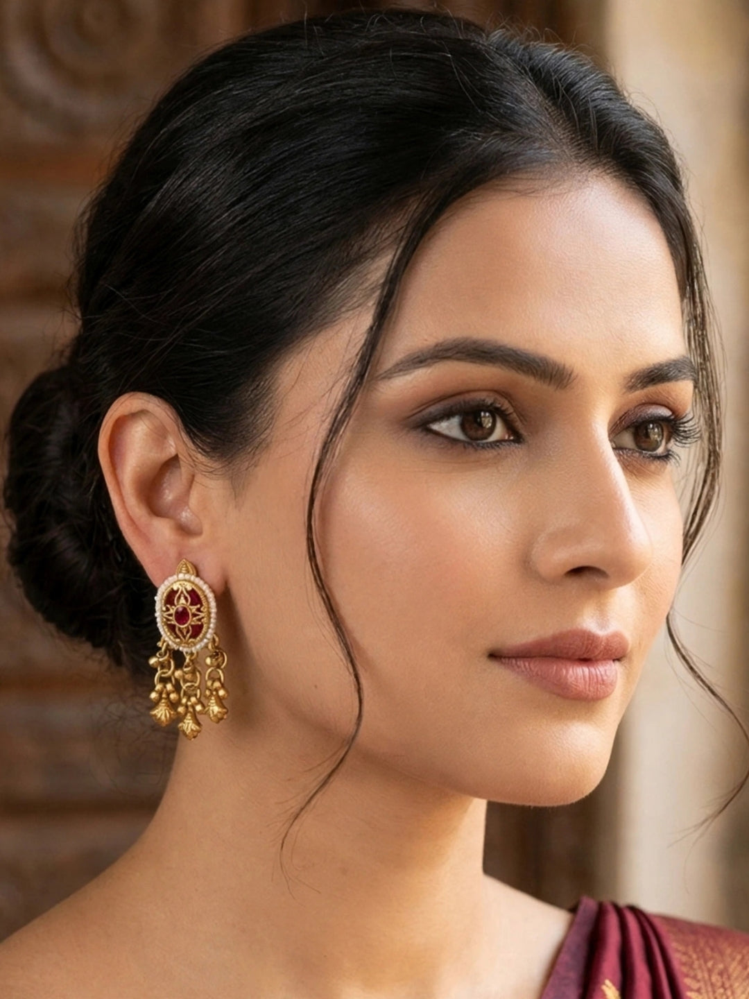 Gold-Plated Red Kundan Stone Contemporary Stud Earrings