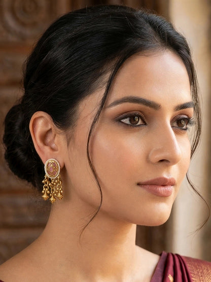Gold-Plated Pink Kundan Stone Contemporary Stud Earrings